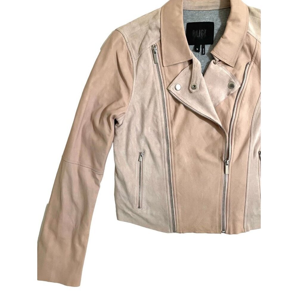 Paige Silvie Leather Moto Jacket Cropped Trim Pink Suede Leather Sz M - Picture 8 of 16